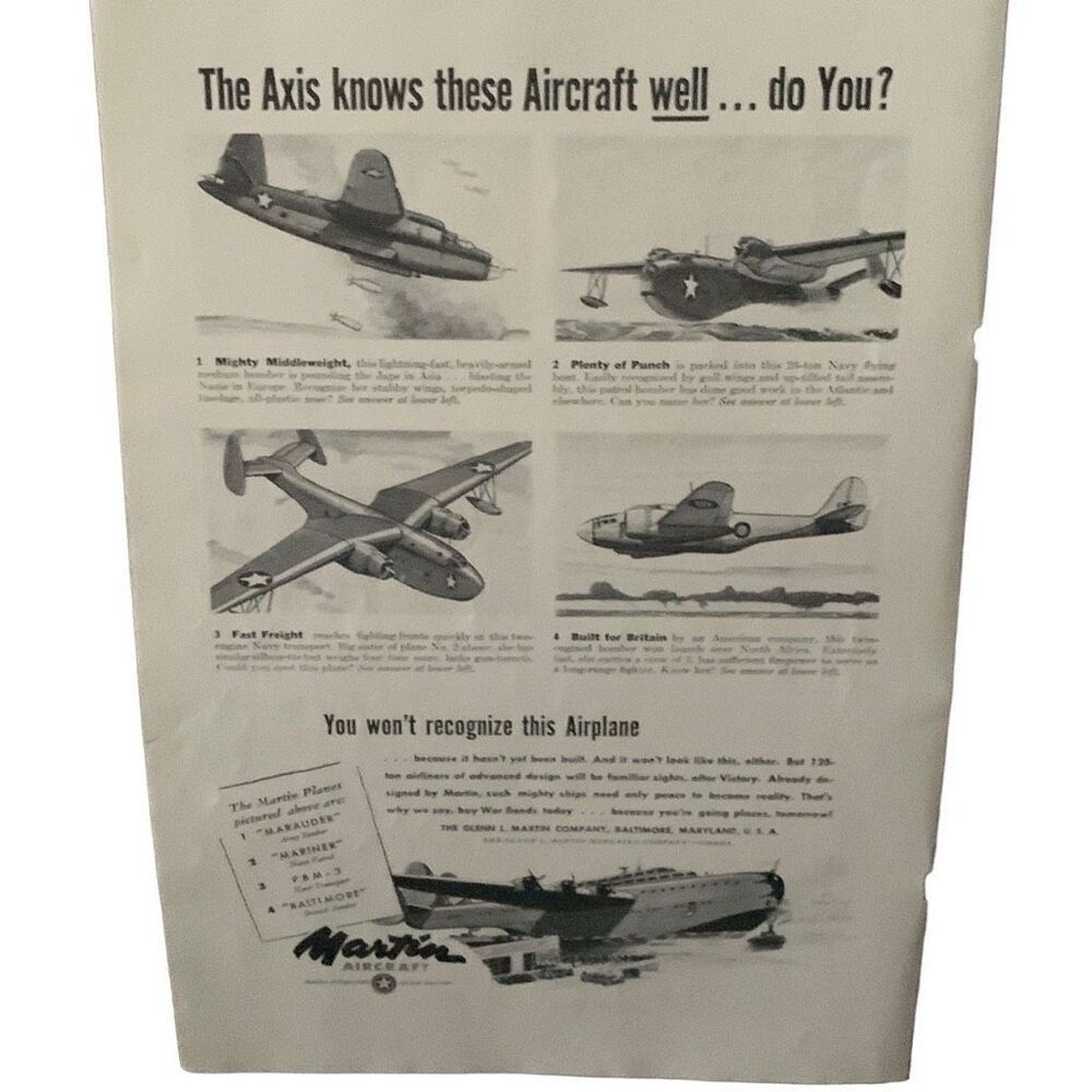 Vintage 1943 Martin Aircraft Axis Knows These Aircraft Ad Advertisement